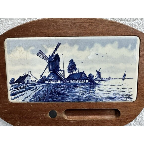 Delft Blue Windmill Cheese Board Charcuterie VTG Tile + Teak Wood Antique - Picture 3 of 16
